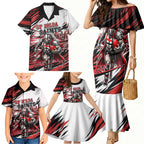 Personalised St Kilda Saints Fan Pride Family Matching Mermaid Dress and Hawaiian Shirt Crusader Mascot Graphic Art With Melbourne City Skyline