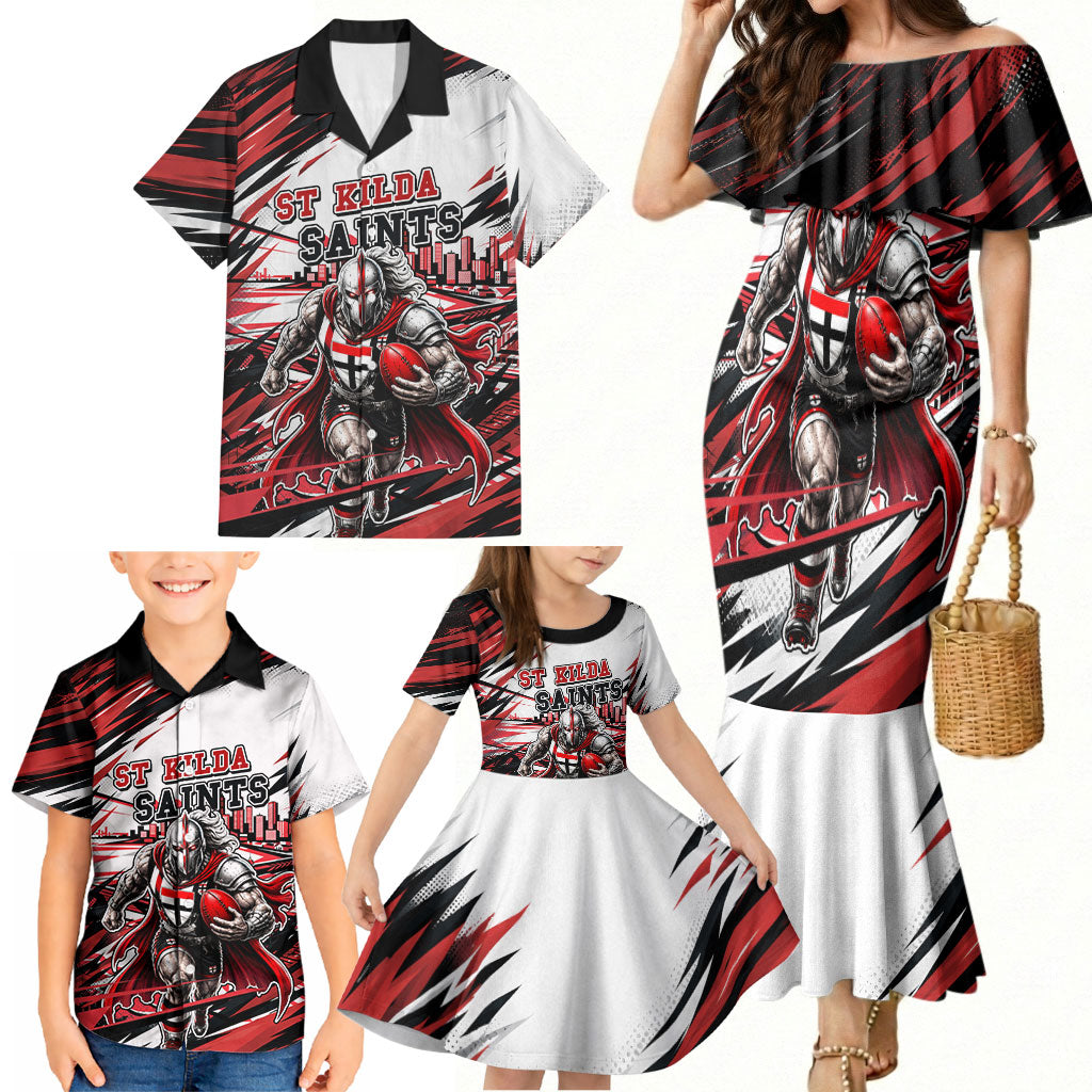 Personalised St Kilda Saints Fan Pride Family Matching Mermaid Dress and Hawaiian Shirt Crusader Mascot Graphic Art With Melbourne City Skyline