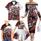 Personalised St Kilda Saints Fan Pride Family Matching Off The Shoulder Long Sleeve Dress and Hawaiian Shirt Crusader Mascot Graphic Art With Melbourne City Skyline