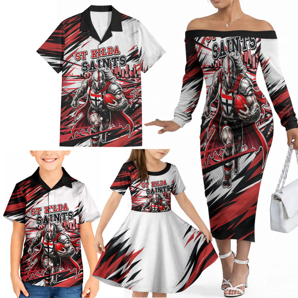 Personalised St Kilda Saints Fan Pride Family Matching Off The Shoulder Long Sleeve Dress and Hawaiian Shirt Crusader Mascot Graphic Art With Melbourne City Skyline