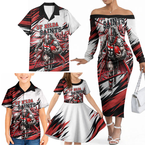 Personalised St Kilda Saints Fan Pride Family Matching Off The Shoulder Long Sleeve Dress and Hawaiian Shirt Crusader Mascot Graphic Art With Melbourne City Skyline