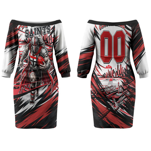 Personalised St Kilda Saints Fan Pride Family Matching Off The Shoulder Long Sleeve Dress and Hawaiian Shirt Crusader Mascot Graphic Art With Melbourne City Skyline