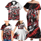 Personalised St Kilda Saints Fan Pride Family Matching Off Shoulder Maxi Dress and Hawaiian Shirt Crusader Mascot Graphic Art With Melbourne City Skyline