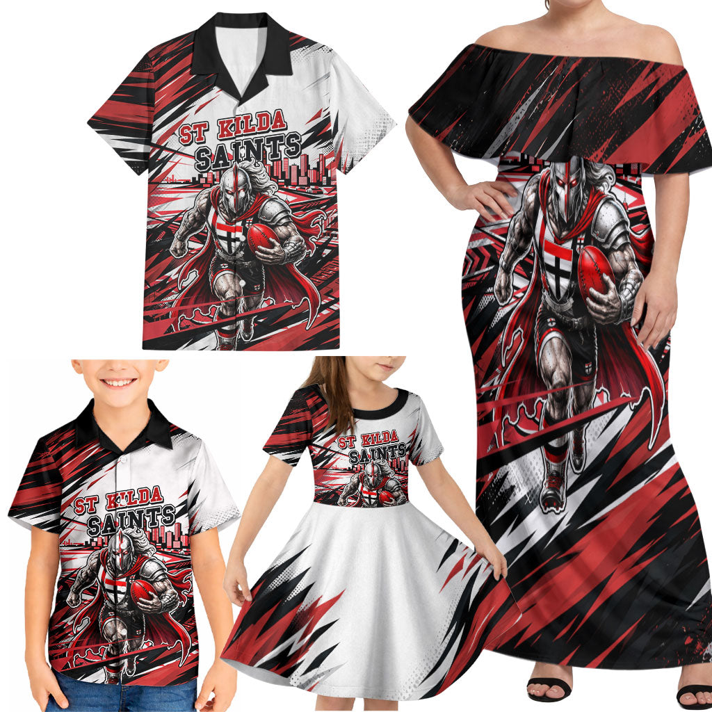 Personalised St Kilda Saints Fan Pride Family Matching Off Shoulder Maxi Dress and Hawaiian Shirt Crusader Mascot Graphic Art With Melbourne City Skyline