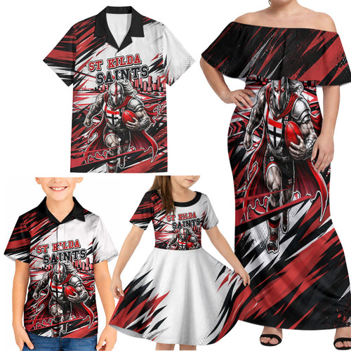 Personalised St Kilda Saints Fan Pride Family Matching Off Shoulder Maxi Dress and Hawaiian Shirt Crusader Mascot Graphic Art With Melbourne City Skyline