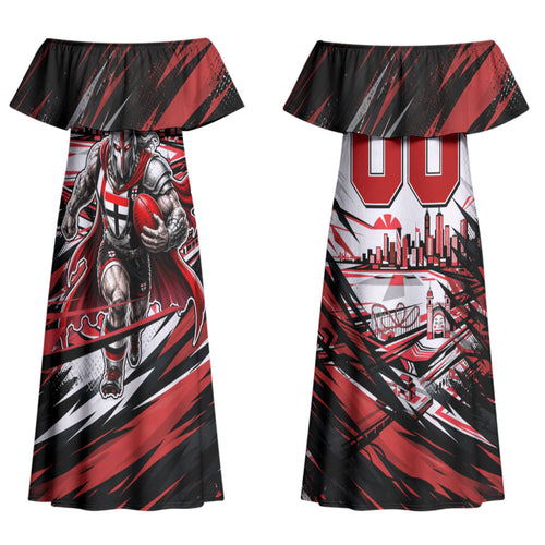 Personalised St Kilda Saints Fan Pride Family Matching Off Shoulder Maxi Dress and Hawaiian Shirt Crusader Mascot Graphic Art With Melbourne City Skyline