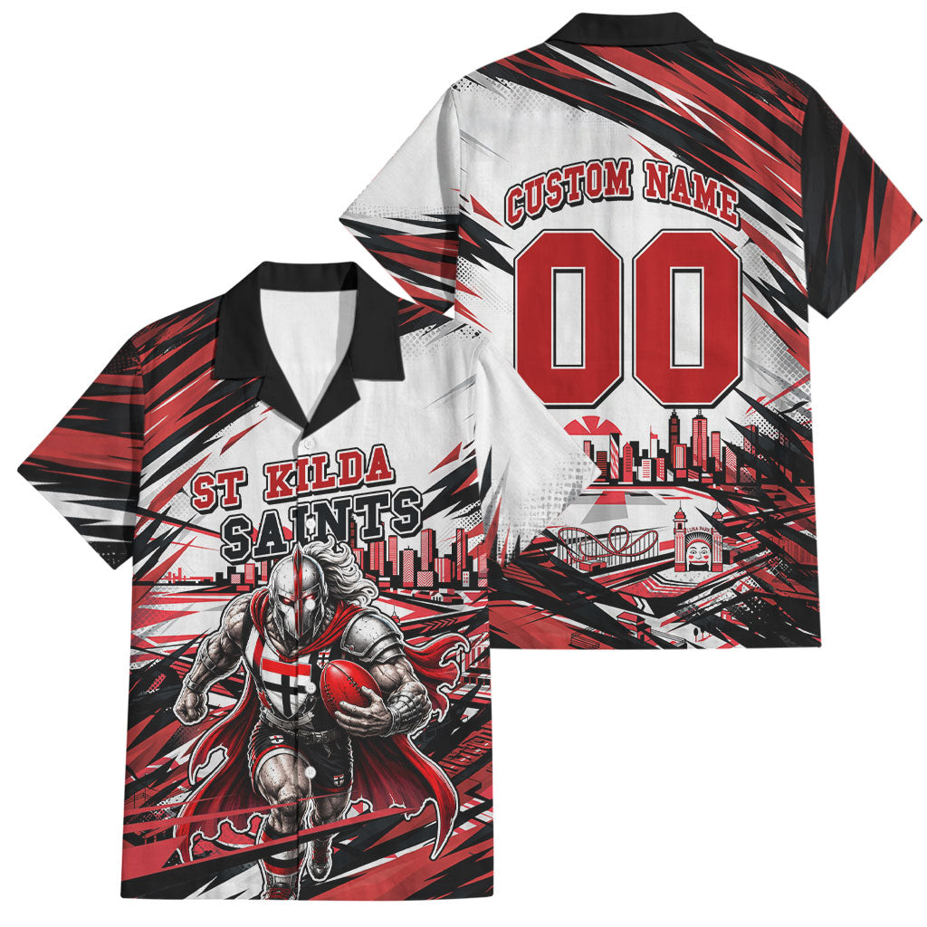 Personalised St Kilda Saints Fan Pride Family Matching Off Shoulder Maxi Dress and Hawaiian Shirt Crusader Mascot Graphic Art With Melbourne City Skyline