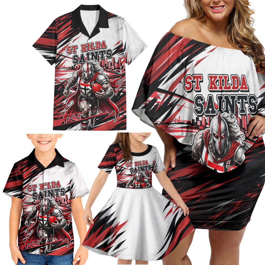 Personalised St Kilda Saints Fan Pride Family Matching Off Shoulder Short Dress and Hawaiian Shirt Crusader Mascot Graphic Art With Melbourne City Skyline