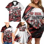 Personalised St Kilda Saints Fan Pride Family Matching Off Shoulder Short Dress and Hawaiian Shirt Crusader Mascot Graphic Art With Melbourne City Skyline
