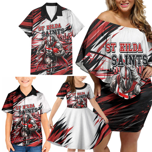 Personalised St Kilda Saints Fan Pride Family Matching Off Shoulder Short Dress and Hawaiian Shirt Crusader Mascot Graphic Art With Melbourne City Skyline