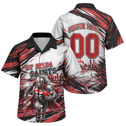 Personalised St Kilda Saints Fan Pride Family Matching Off Shoulder Short Dress and Hawaiian Shirt Crusader Mascot Graphic Art With Melbourne City Skyline