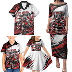 Personalised St Kilda Saints Fan Pride Family Matching Puletasi and Hawaiian Shirt Crusader Mascot Graphic Art With Melbourne City Skyline