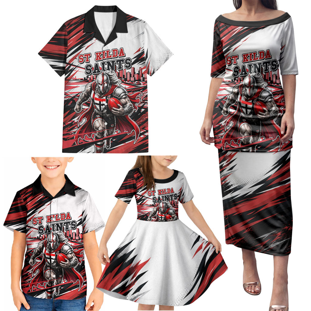Personalised St Kilda Saints Fan Pride Family Matching Puletasi and Hawaiian Shirt Crusader Mascot Graphic Art With Melbourne City Skyline