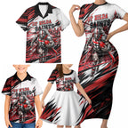 Personalised St Kilda Saints Fan Pride Family Matching Short Sleeve Bodycon Dress and Hawaiian Shirt Crusader Mascot Graphic Art With Melbourne City Skyline