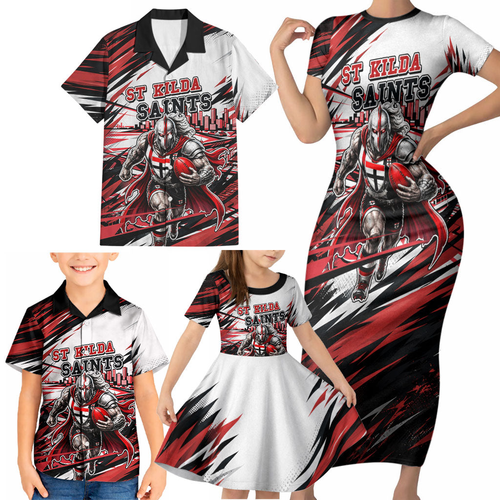Personalised St Kilda Saints Fan Pride Family Matching Short Sleeve Bodycon Dress and Hawaiian Shirt Crusader Mascot Graphic Art With Melbourne City Skyline