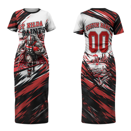 Personalised St Kilda Saints Fan Pride Family Matching Short Sleeve Bodycon Dress and Hawaiian Shirt Crusader Mascot Graphic Art With Melbourne City Skyline