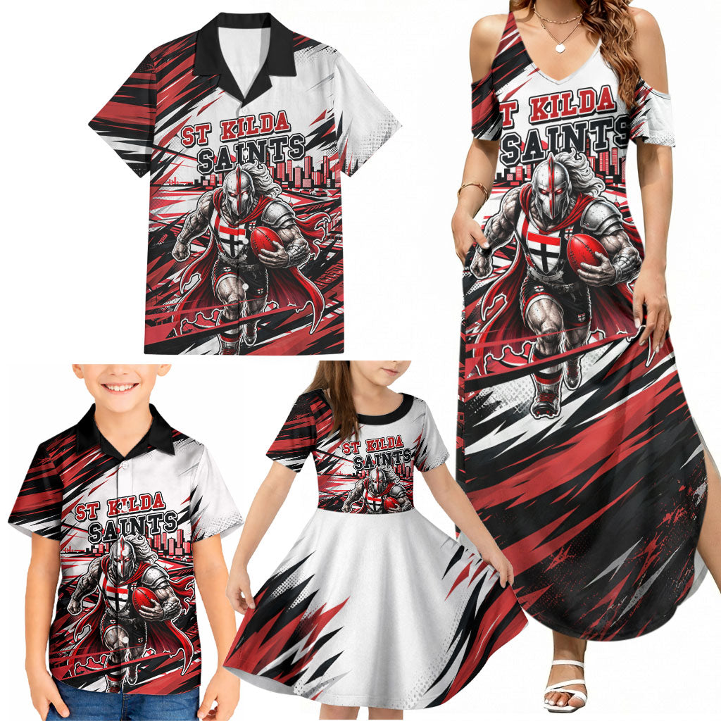 Personalised St Kilda Saints Fan Pride Family Matching Summer Maxi Dress and Hawaiian Shirt Crusader Mascot Graphic Art With Melbourne City Skyline