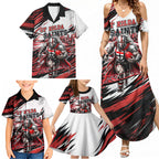 Personalised St Kilda Saints Fan Pride Family Matching Summer Maxi Dress and Hawaiian Shirt Crusader Mascot Graphic Art With Melbourne City Skyline