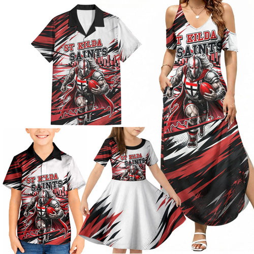Personalised St Kilda Saints Fan Pride Family Matching Summer Maxi Dress and Hawaiian Shirt Crusader Mascot Graphic Art With Melbourne City Skyline