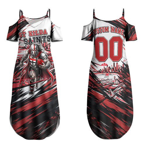 Personalised St Kilda Saints Fan Pride Family Matching Summer Maxi Dress and Hawaiian Shirt Crusader Mascot Graphic Art With Melbourne City Skyline