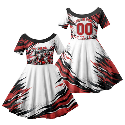 Personalised St Kilda Saints Fan Pride Family Matching Summer Maxi Dress and Hawaiian Shirt Crusader Mascot Graphic Art With Melbourne City Skyline