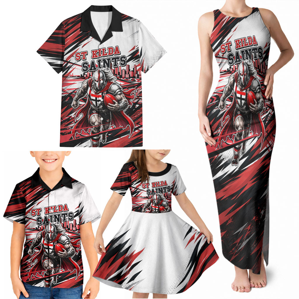 Personalised St Kilda Saints Fan Pride Family Matching Tank Maxi Dress and Hawaiian Shirt Crusader Mascot Graphic Art With Melbourne City Skyline