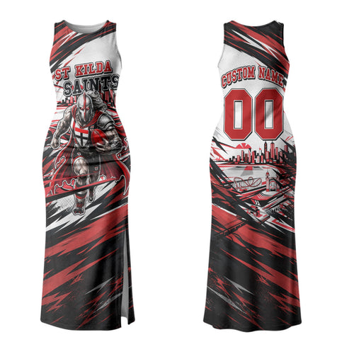 Personalised St Kilda Saints Fan Pride Family Matching Tank Maxi Dress and Hawaiian Shirt Crusader Mascot Graphic Art With Melbourne City Skyline