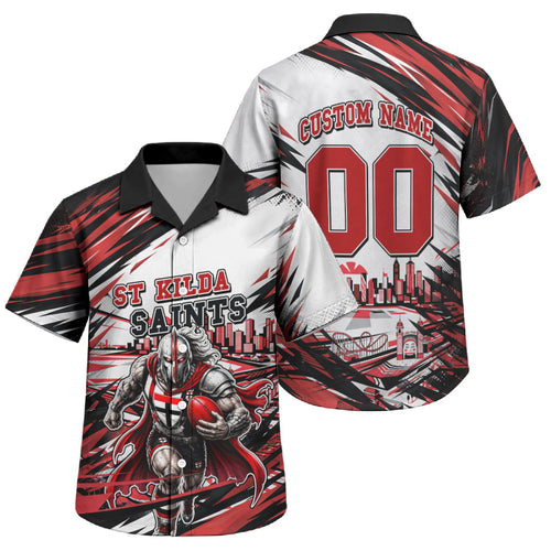 Personalised St Kilda Saints Fan Pride Family Matching Tank Maxi Dress and Hawaiian Shirt Crusader Mascot Graphic Art With Melbourne City Skyline