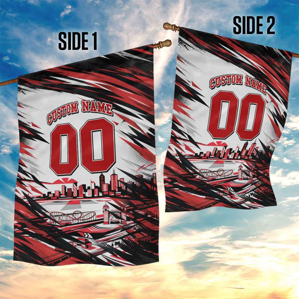 Personalised St Kilda Saints Fan Pride Garden Flag Crusader Mascot Graphic Art With Melbourne City Skyline