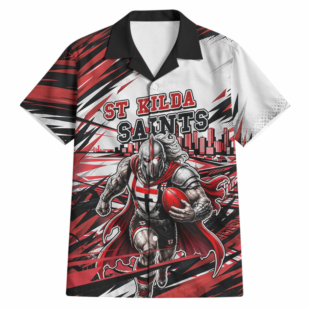 Personalised St Kilda Saints Fan Pride Hawaiian Shirt Crusader Mascot Graphic Art With Melbourne City Skyline
