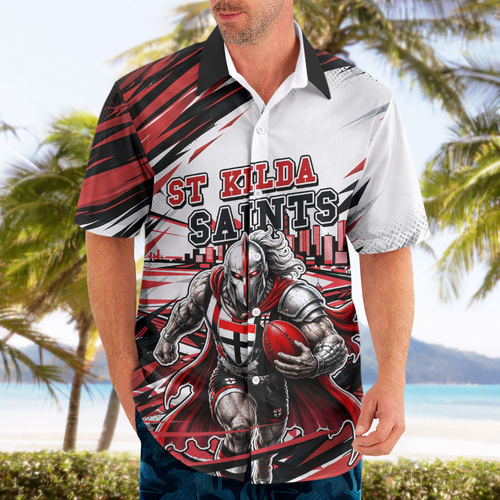 Personalised St Kilda Saints Fan Pride Hawaiian Shirt Crusader Mascot Graphic Art With Melbourne City Skyline
