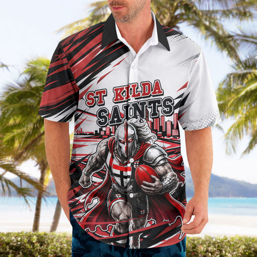 Personalised St Kilda Saints Fan Pride Hawaiian Shirt Crusader Mascot Graphic Art With Melbourne City Skyline