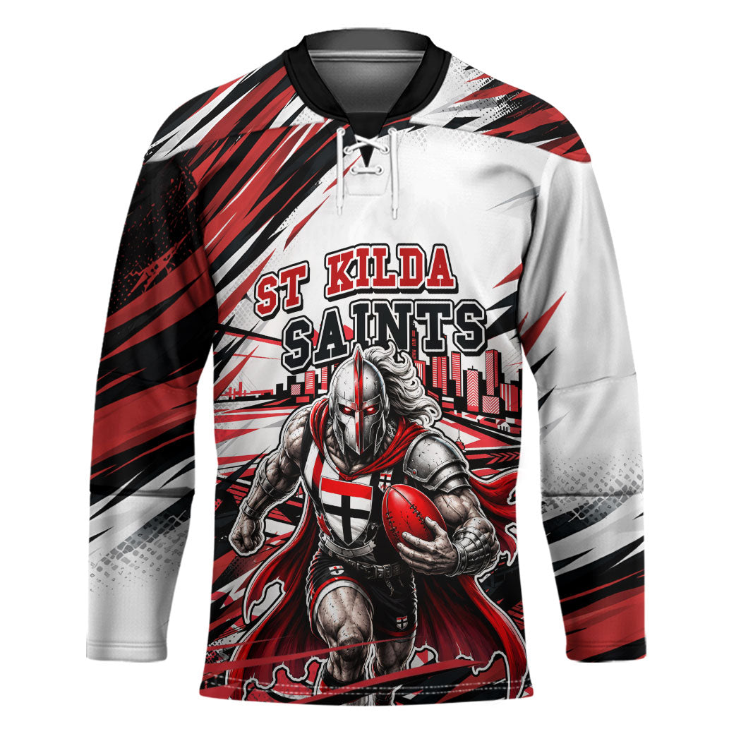Personalised St Kilda Saints Fan Pride Hockey Jersey Crusader Mascot Graphic Art With Melbourne City Skyline