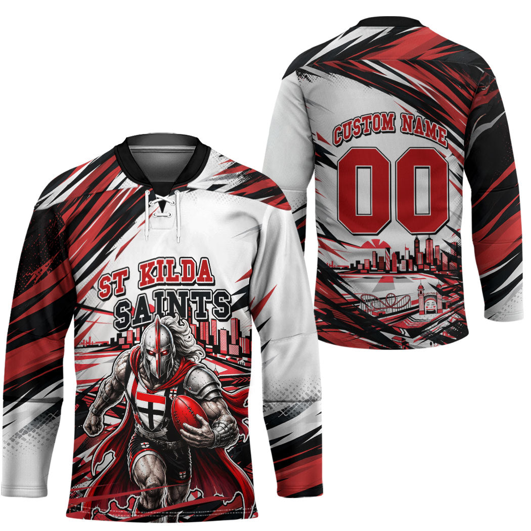 Personalised St Kilda Saints Fan Pride Hockey Jersey Crusader Mascot Graphic Art With Melbourne City Skyline