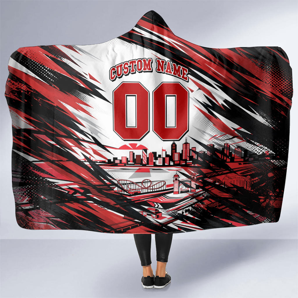 Personalised St Kilda Saints Fan Pride Hooded Blanket Crusader Mascot Graphic Art With Melbourne City Skyline