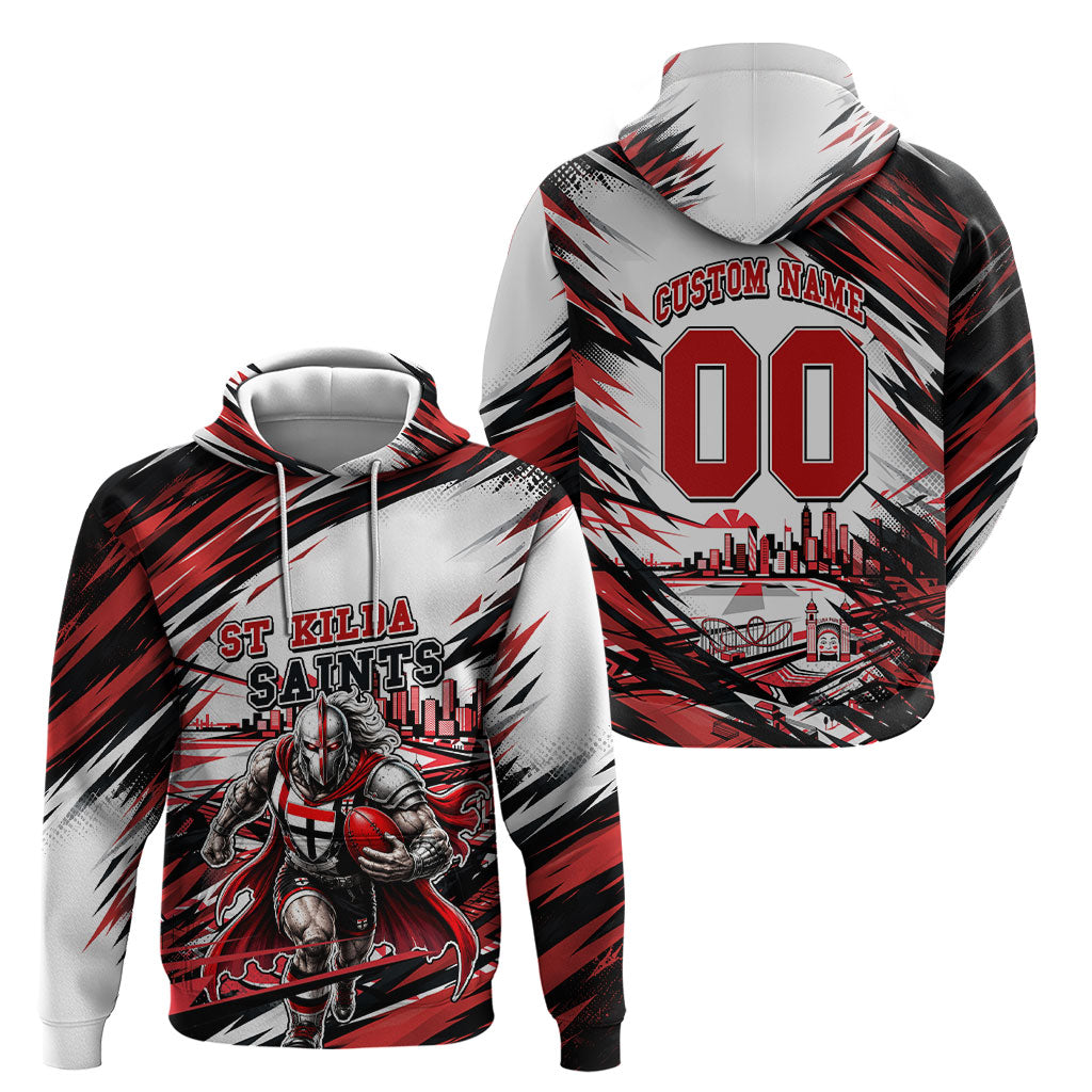 Personalised St Kilda Saints Fan Pride Hoodie Crusader Mascot Graphic Art With Melbourne City Skyline