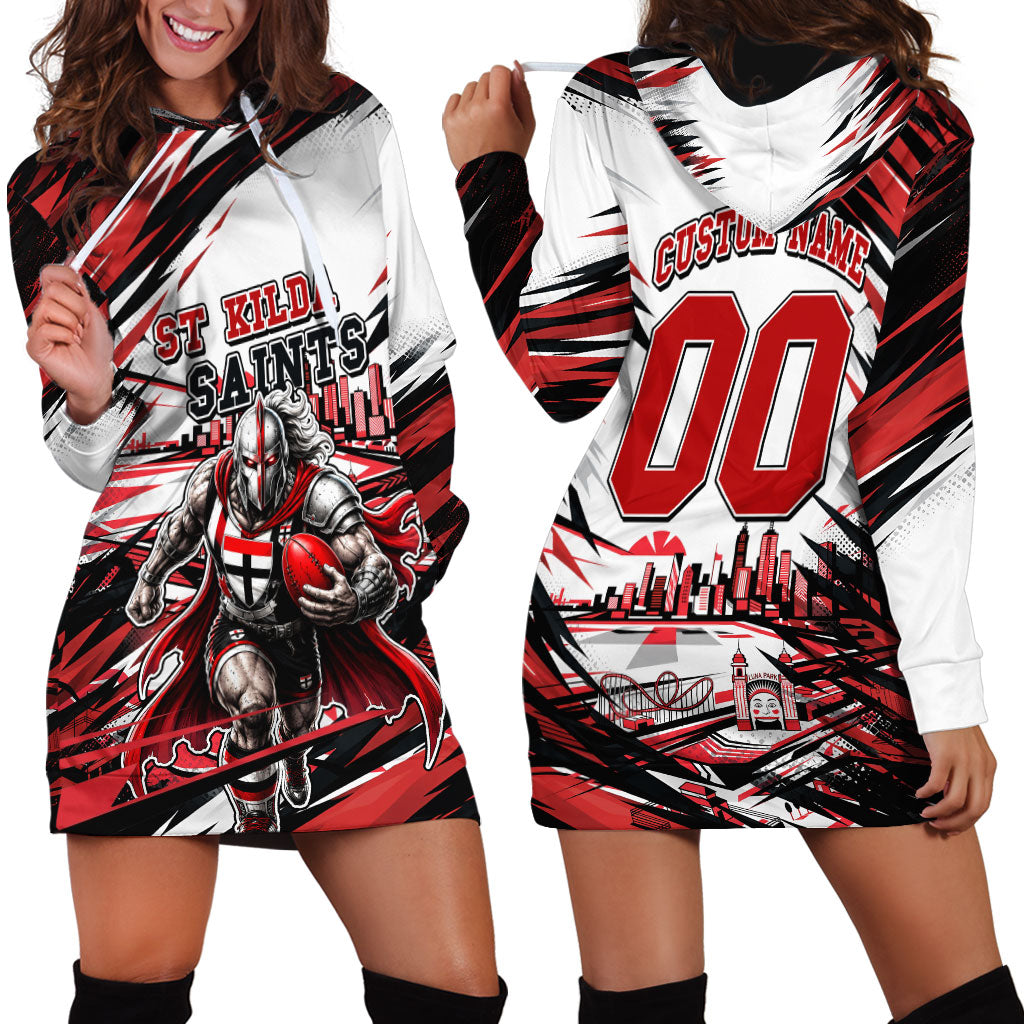 Personalised St Kilda Saints Fan Pride Hoodie Dress Crusader Mascot Graphic Art With Melbourne City Skyline