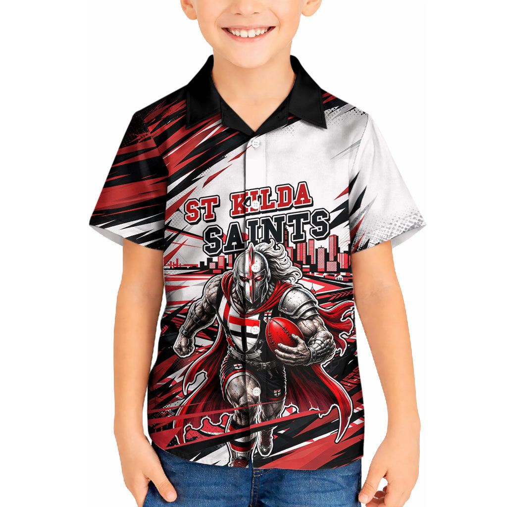 Personalised St Kilda Saints Fan Pride Kid Hawaiian Shirt Crusader Mascot Graphic Art With Melbourne City Skyline