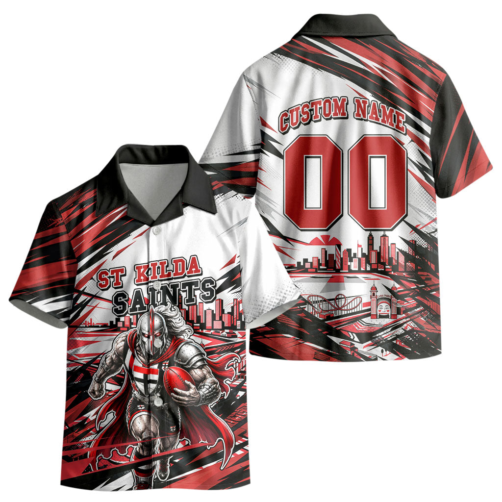 Personalised St Kilda Saints Fan Pride Kid Hawaiian Shirt Crusader Mascot Graphic Art With Melbourne City Skyline
