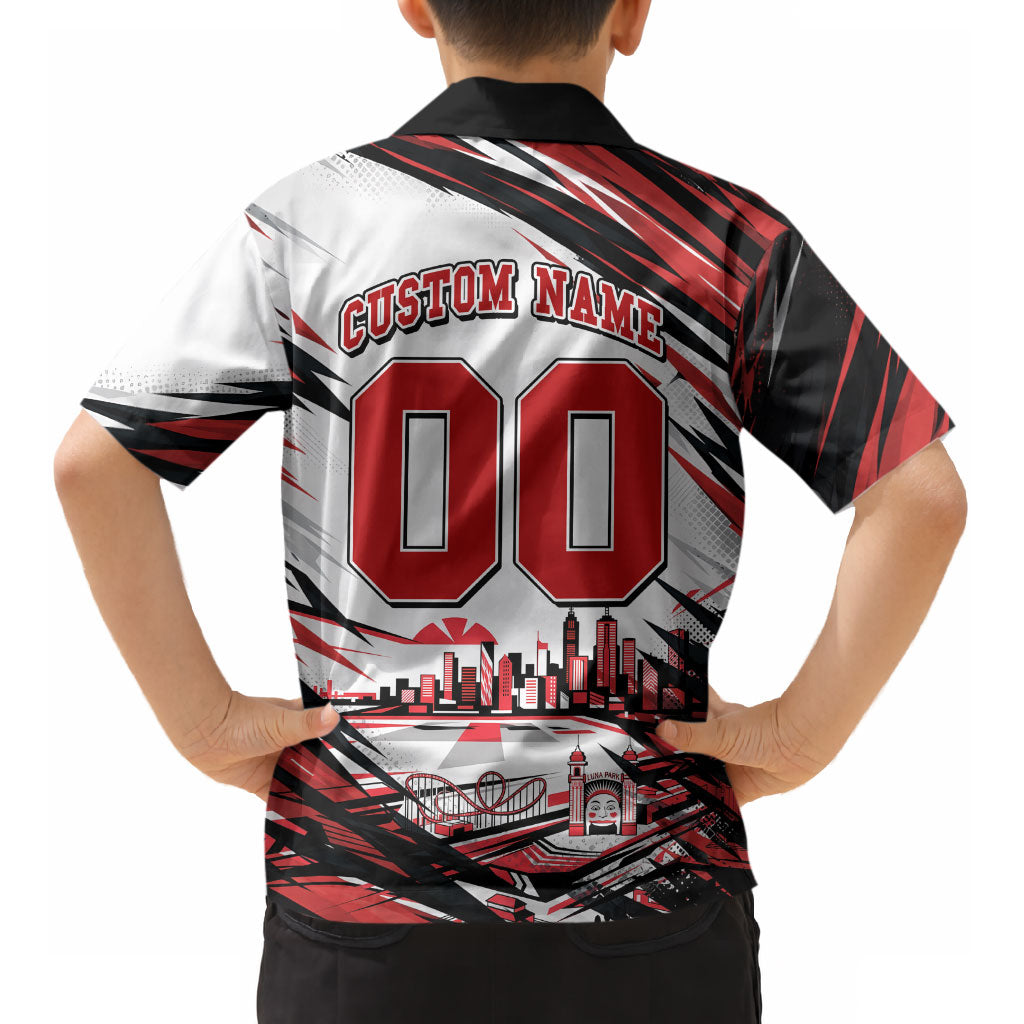 Personalised St Kilda Saints Fan Pride Kid Hawaiian Shirt Crusader Mascot Graphic Art With Melbourne City Skyline