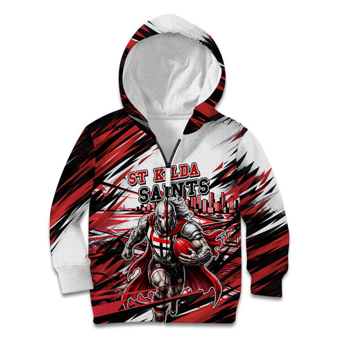 Personalised St Kilda Saints Fan Pride Kid Hoodie Crusader Mascot Graphic Art With Melbourne City Skyline