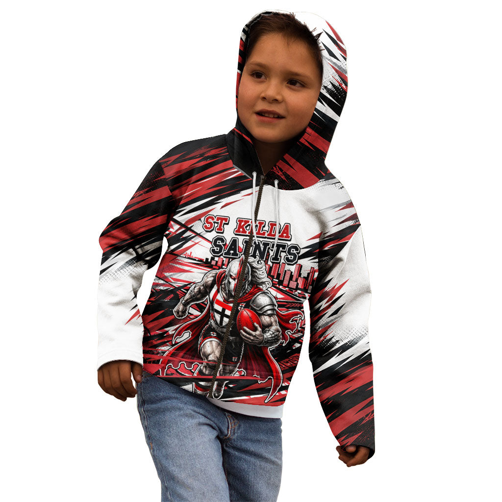 Personalised St Kilda Saints Fan Pride Kid Hoodie Crusader Mascot Graphic Art With Melbourne City Skyline