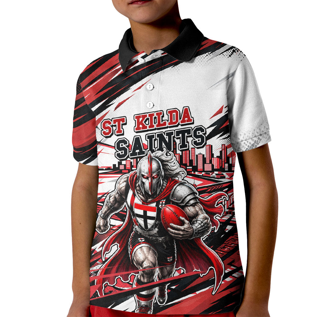 Personalised St Kilda Saints Fan Pride Kid Polo Shirt Crusader Mascot Graphic Art With Melbourne City Skyline