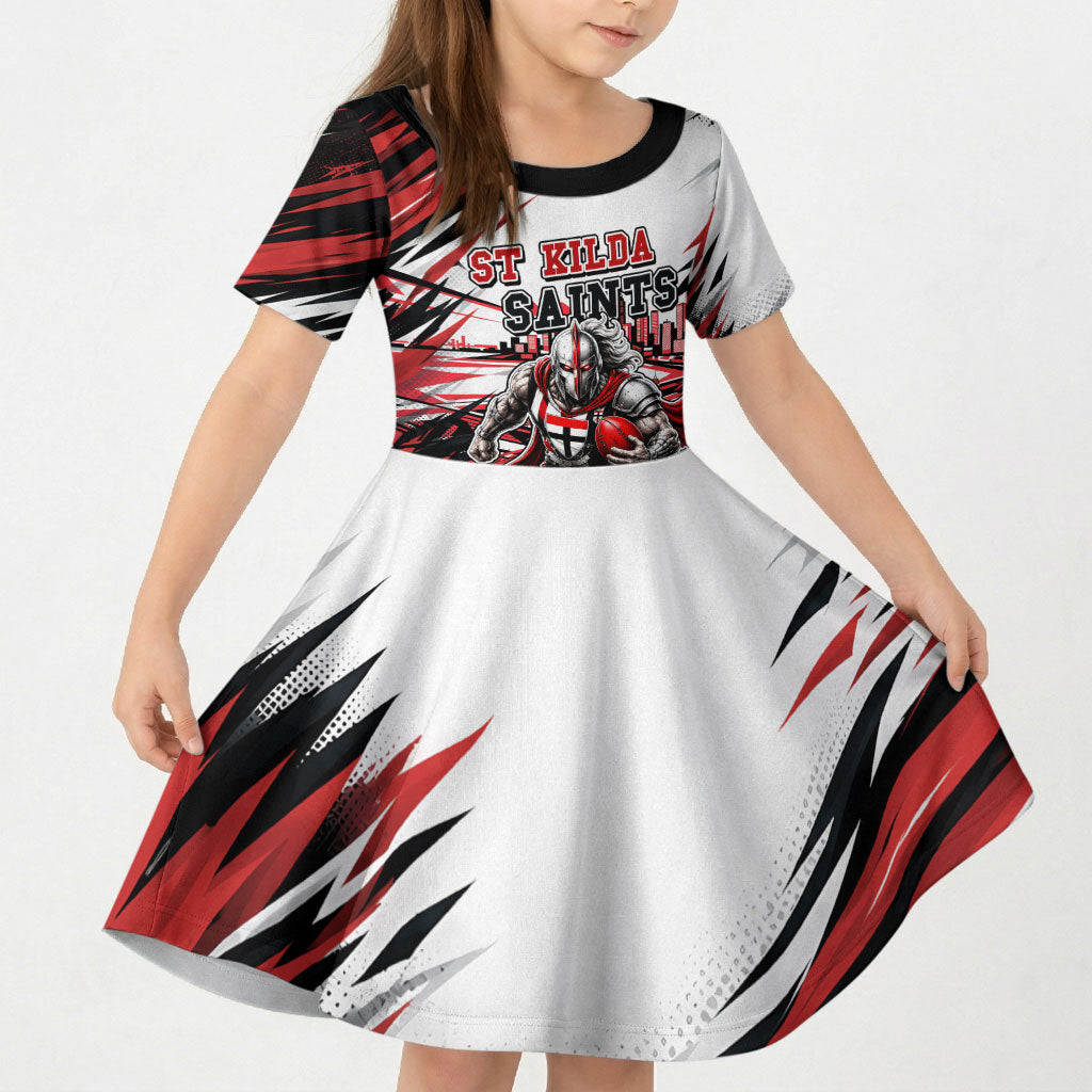 Personalised St Kilda Saints Fan Pride Kid Short Sleeve Dress Crusader Mascot Graphic Art With Melbourne City Skyline