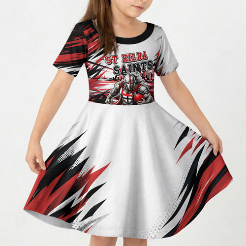 Personalised St Kilda Saints Fan Pride Kid Short Sleeve Dress Crusader Mascot Graphic Art With Melbourne City Skyline