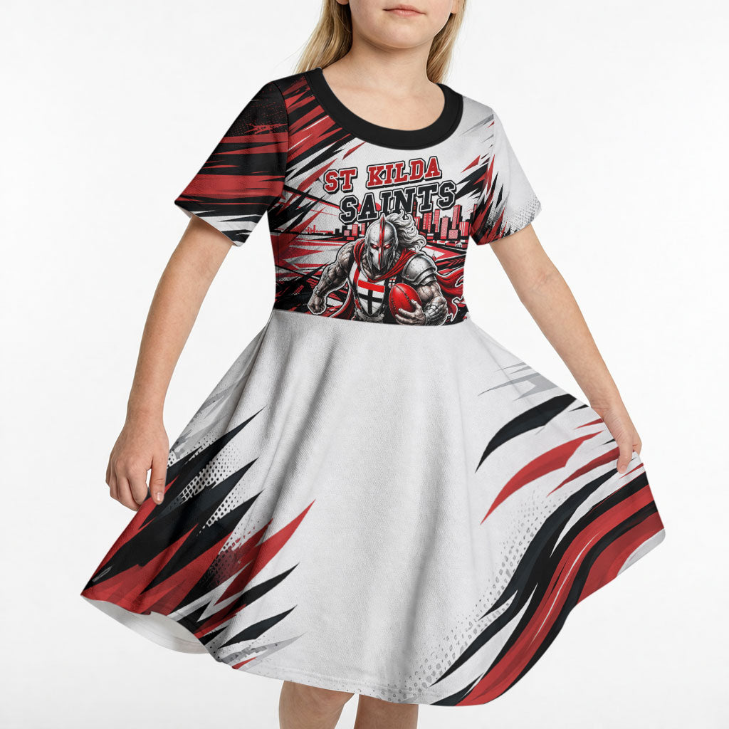 Personalised St Kilda Saints Fan Pride Kid Short Sleeve Dress Crusader Mascot Graphic Art With Melbourne City Skyline