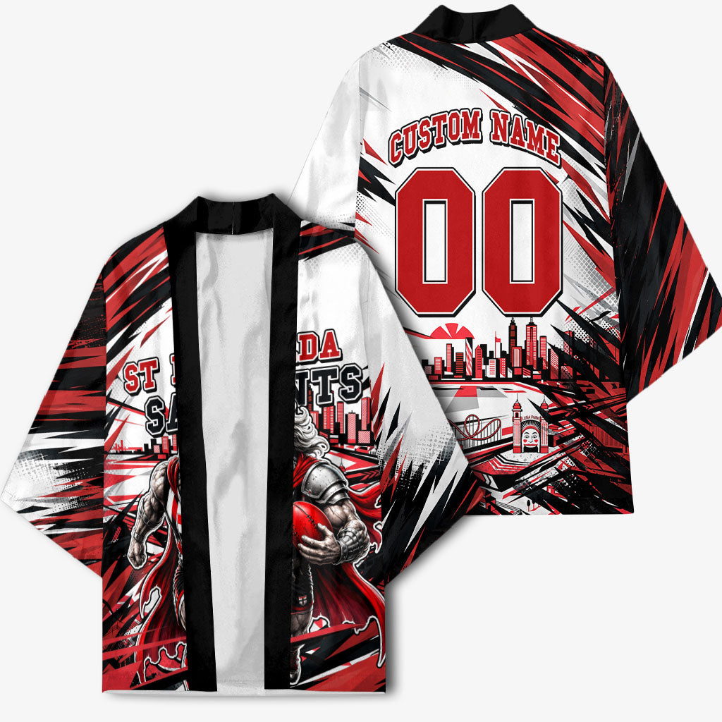 Personalised St Kilda Saints Fan Pride Kimono Crusader Mascot Graphic Art With Melbourne City Skyline
