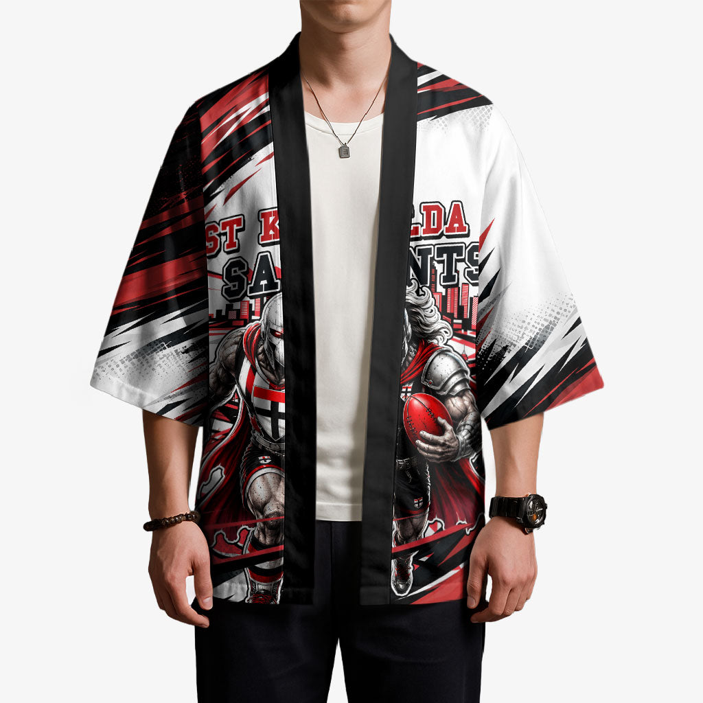 Personalised St Kilda Saints Fan Pride Kimono Crusader Mascot Graphic Art With Melbourne City Skyline