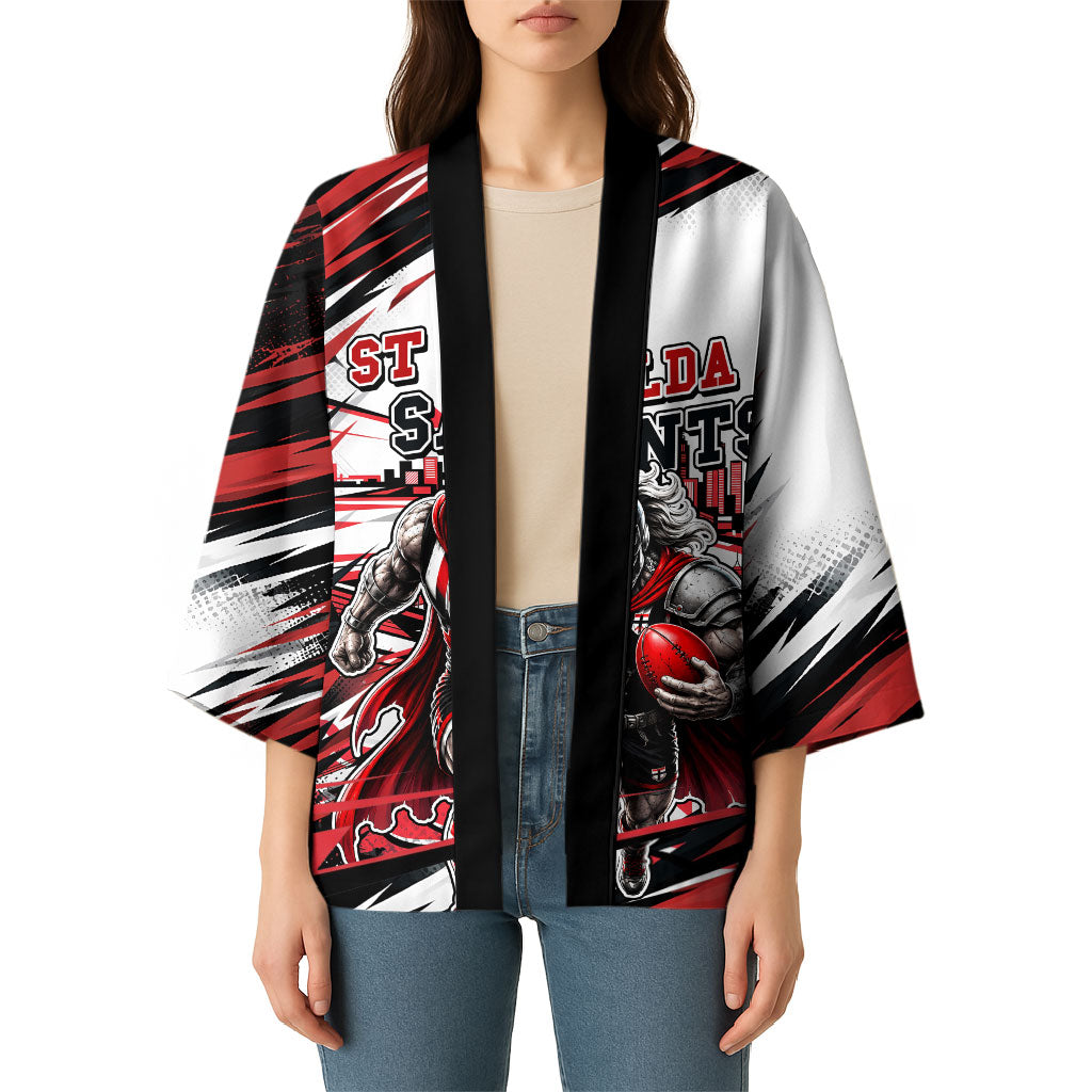 Personalised St Kilda Saints Fan Pride Kimono Crusader Mascot Graphic Art With Melbourne City Skyline