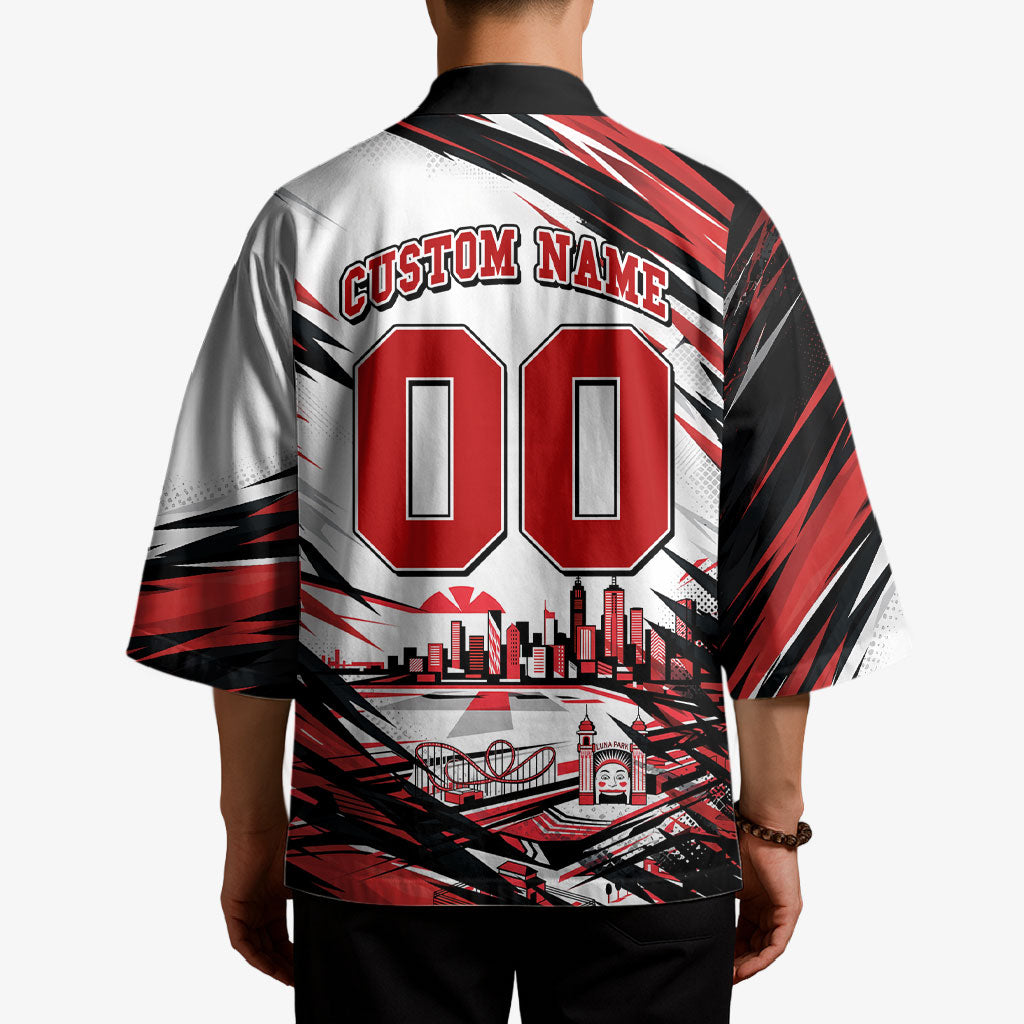 Personalised St Kilda Saints Fan Pride Kimono Crusader Mascot Graphic Art With Melbourne City Skyline